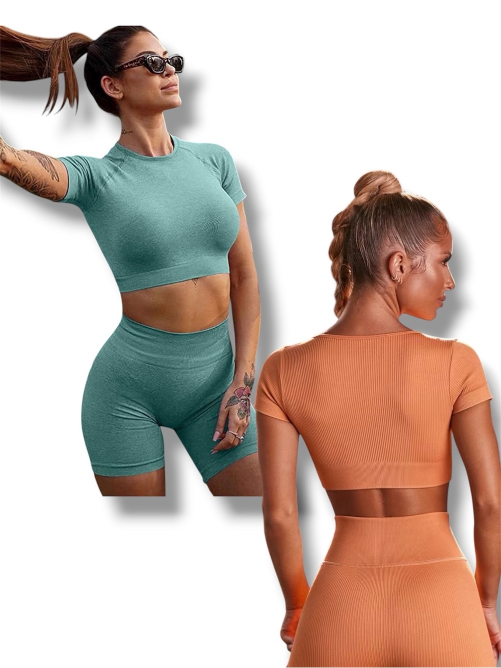 Seamless Ribbed Workout Set Bundle 2 Outfits Crop Top Shorts Orange Green S